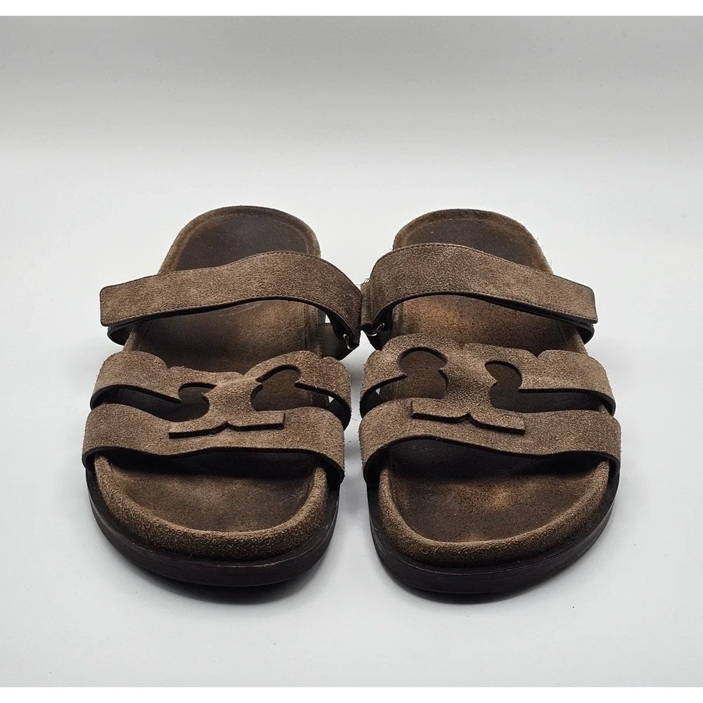 Tory Burch Ines Suede Leather Sport Slide Sandal Size 10 Brown Hook Loop Straps